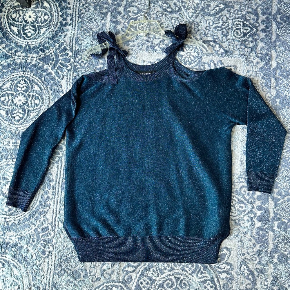 St. John Knit Top Sheer Sweater cold shoulders metallic blue small